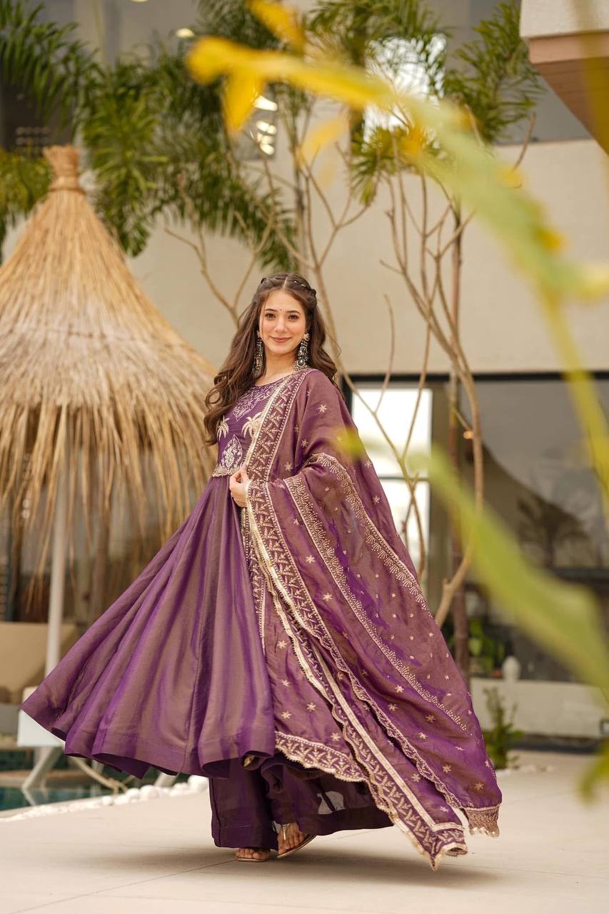 Luxury Partywear Gown with Palazzo & Embroidered Dupatta