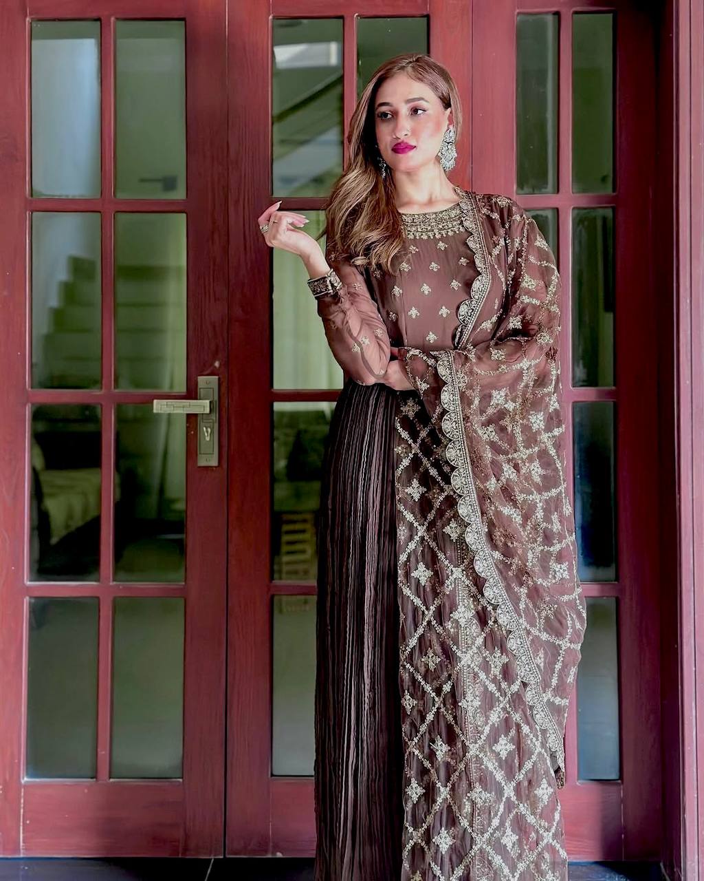Fancy Party Gown Set in Crush Chinon Silk with Dupatta & Bottom