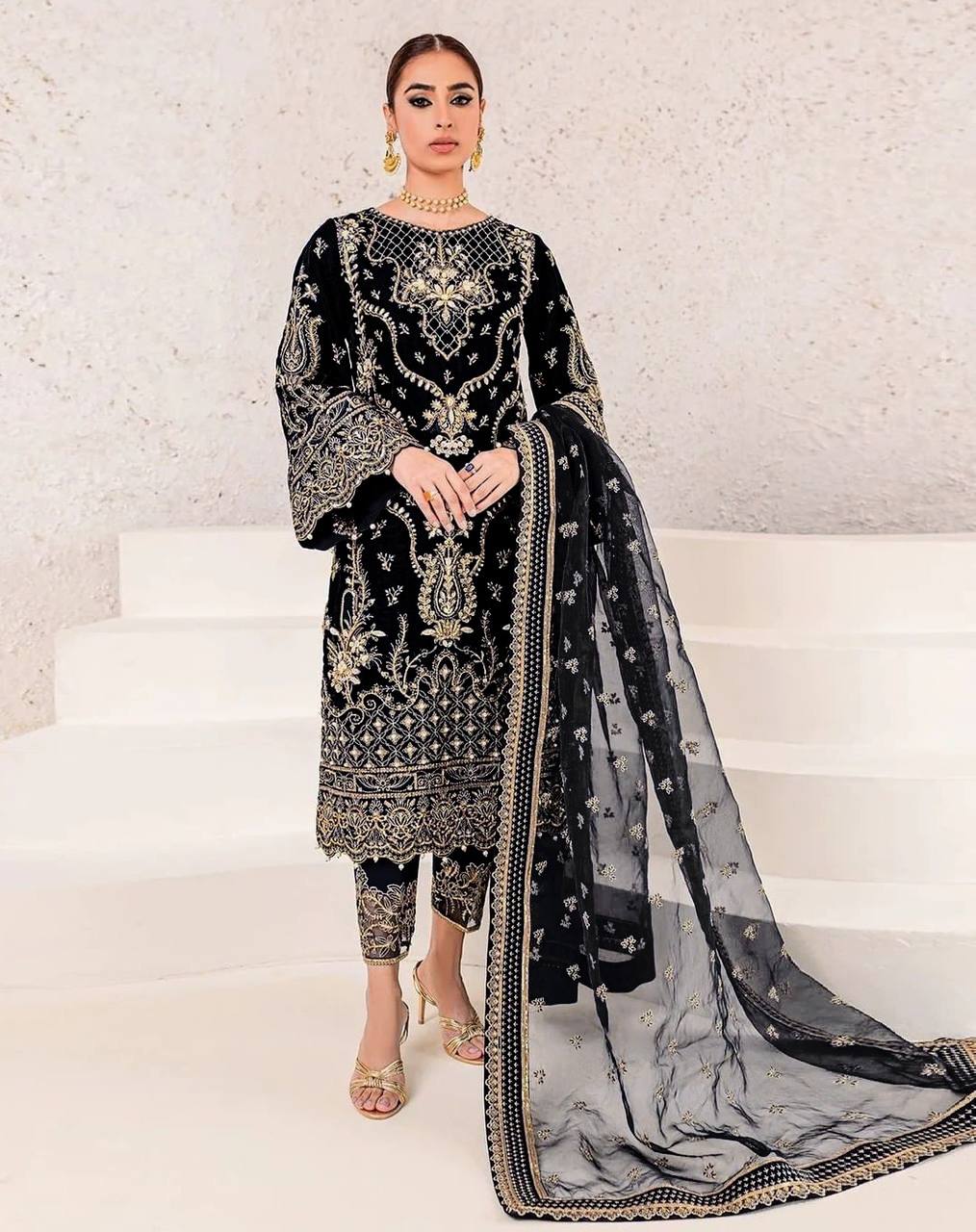 Premium Chinon Suit Set with Embroidery and Sequin Detailing