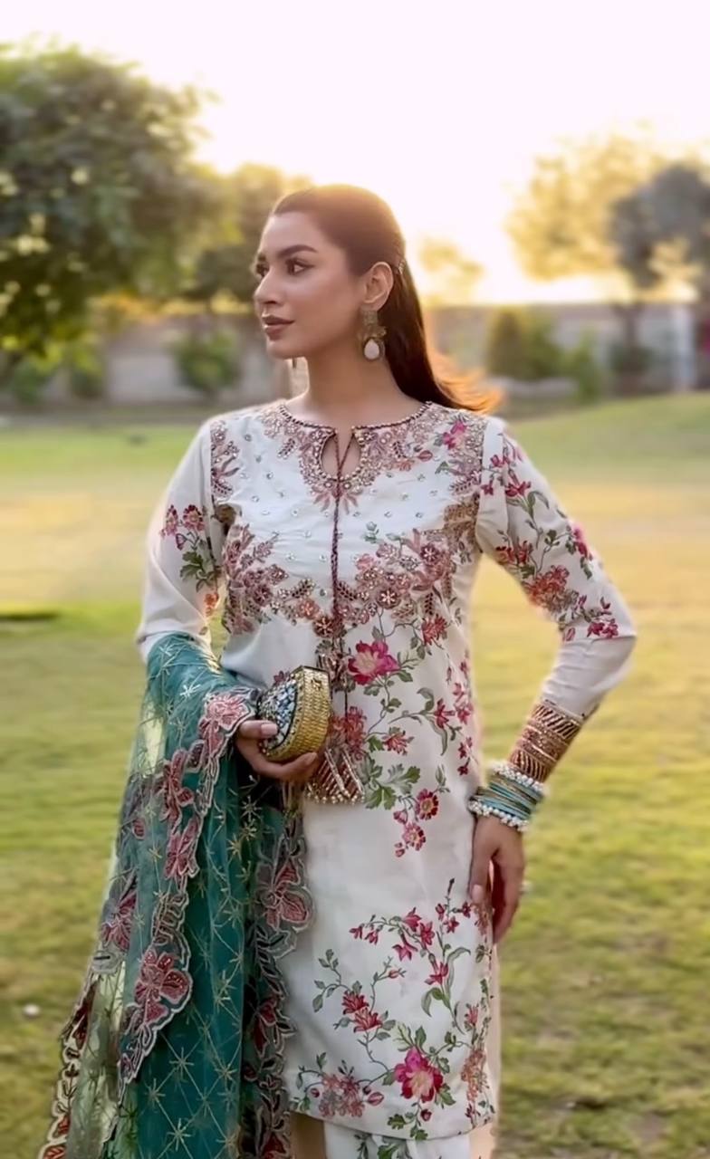 Chic Party Wear Ensemble Top with Farshi Plazzo in Heavy Printed Modal Silk and Sequin Embroidery