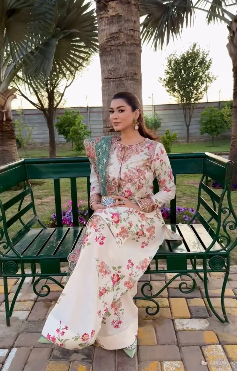 Chic Party Wear Ensemble Top with Farshi Plazzo in Heavy Printed Modal Silk and Sequin Embroidery