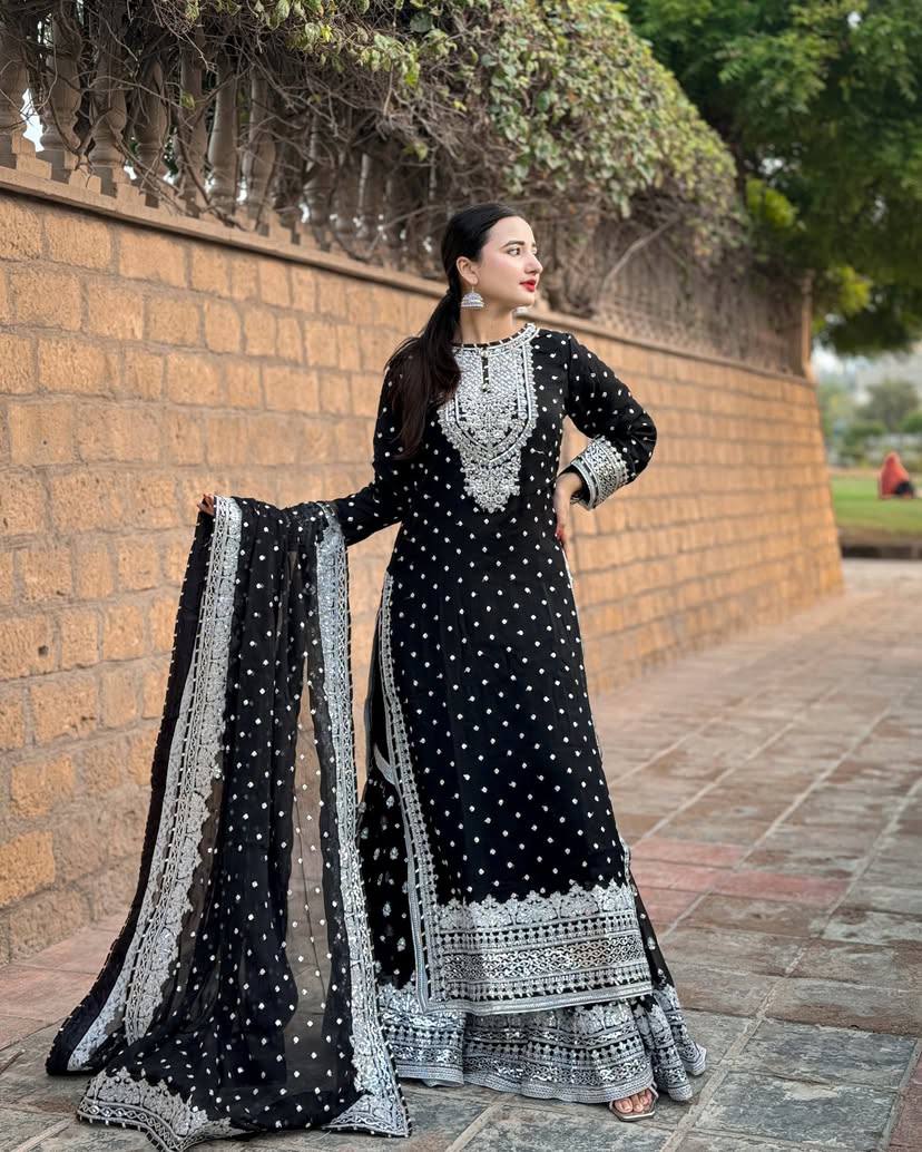 Partywear Fox Georgette Sharara Suit with Dupatta