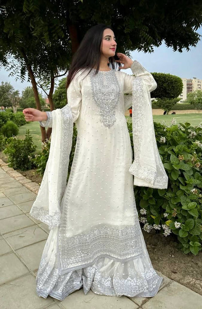 Partywear Fox Georgette Sharara Suit with Dupatta