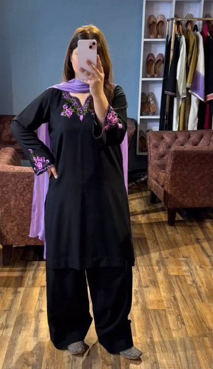Black Designer Embroidered Rayon Silk Top with Farshi Plazzo for Evening Wear