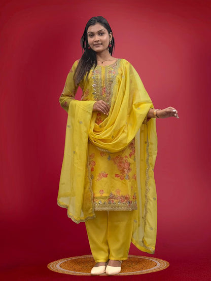 Ready to Wear Designer Suit in Kundan Organza with Hand Mirror and Stone Embroidery