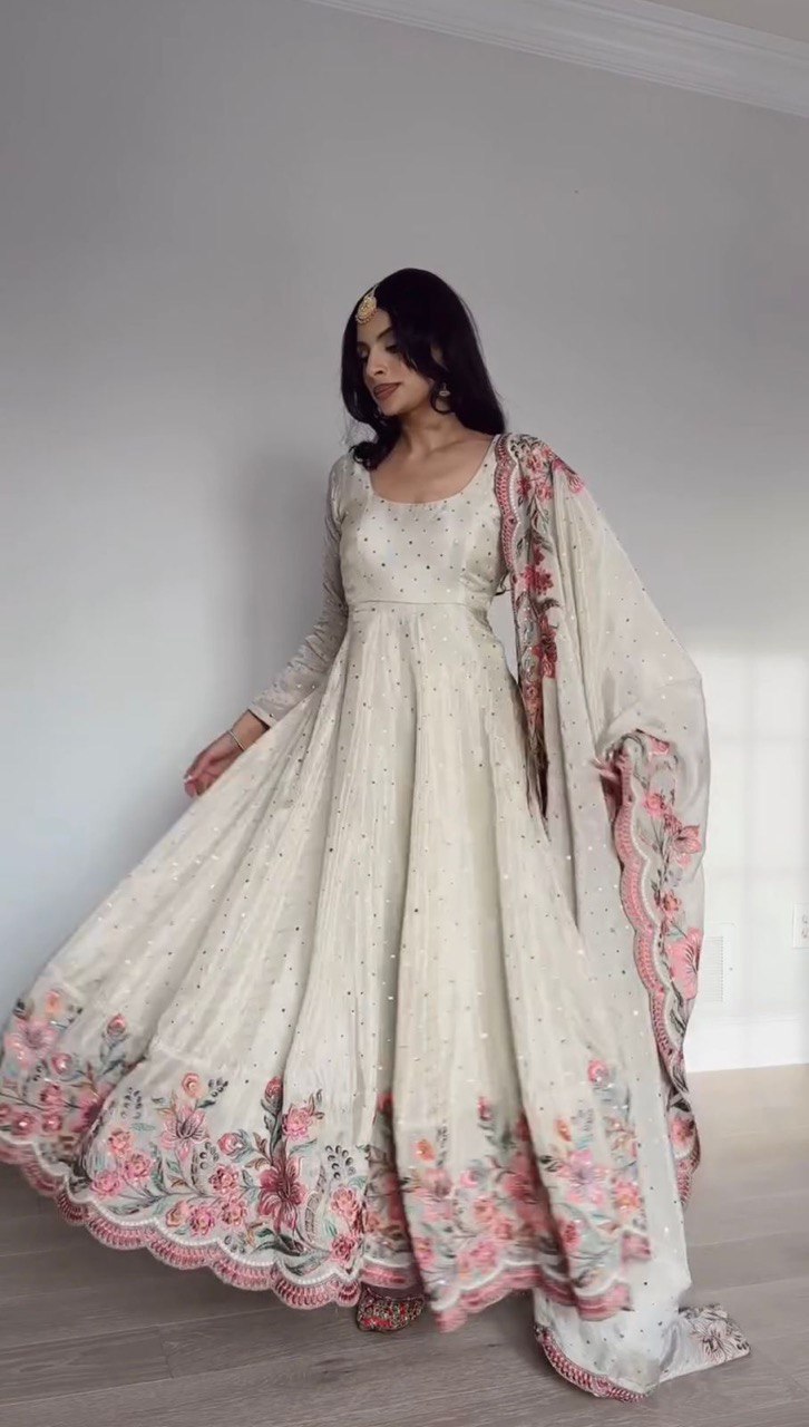 Chinon Silk Off White Three-Piece Set Featuring Sleek Pant and Subtle Dupatta - Jaipuri Vastra