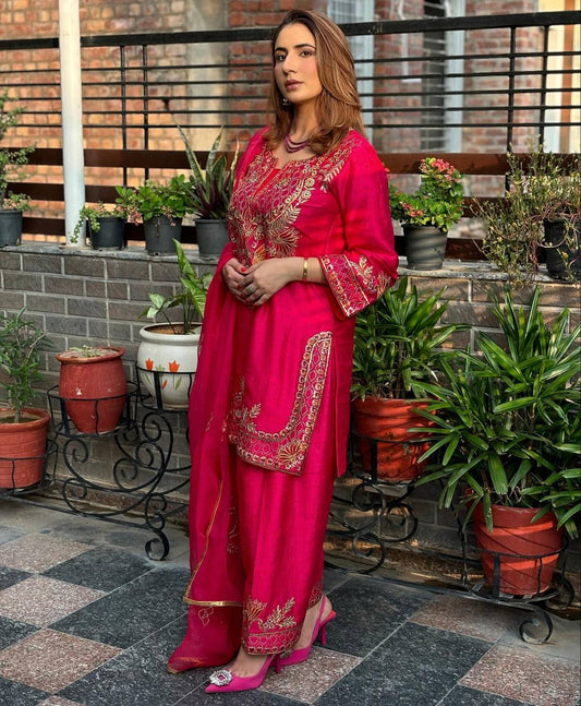 Fully Stitched Embroidered Chinnon Silk Top and Pant with Matching Dupatta