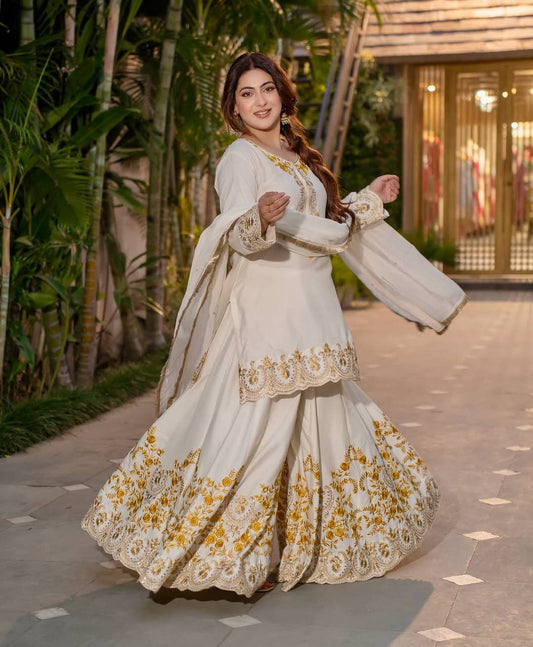 Pure Heavy Natural Crepe Silk Top with Latkan Dori, Sharara Plazzo, and Embroidered Dupatta