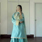 Elegant Pure Natural Crepe Embroidered Top and Farshi Palazzo with Button & Tassel Detailing