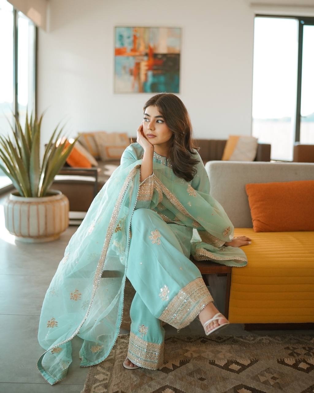 Elegant Pure Natural Crepe Embroidered Top and Farshi Palazzo with Button & Tassel Detailing