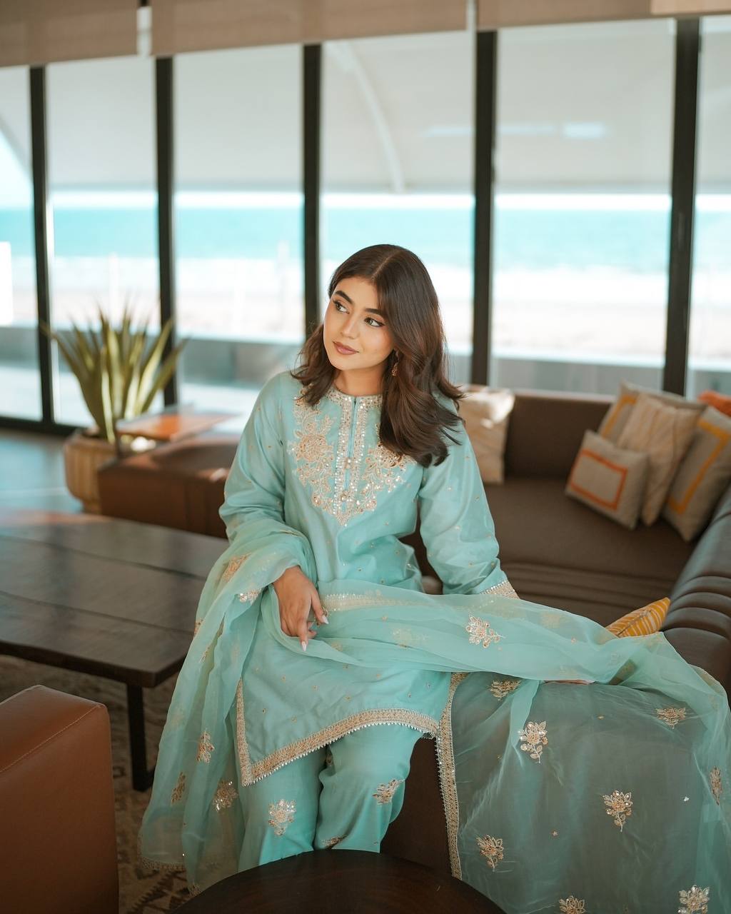 Elegant Pure Natural Crepe Embroidered Top and Farshi Palazzo with Button & Tassel Detailing