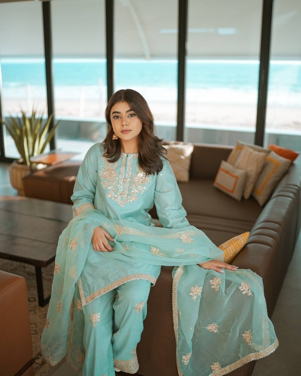 Elegant Pure Natural Crepe Embroidered Top and Farshi Palazzo with Button & Tassel Detailing