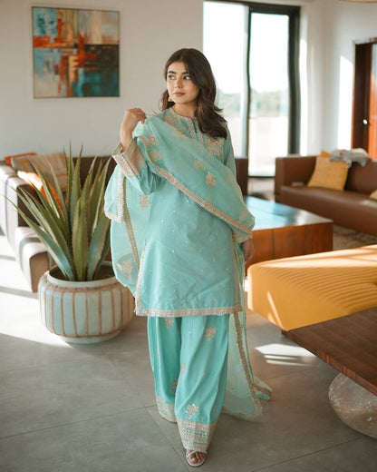 Elegant Pure Natural Crepe Embroidered Top and Farshi Palazzo with Button & Tassel Detailing