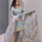 Embroidered Chinon Silk Set with Latkan, Tassels & Printed Dupatta