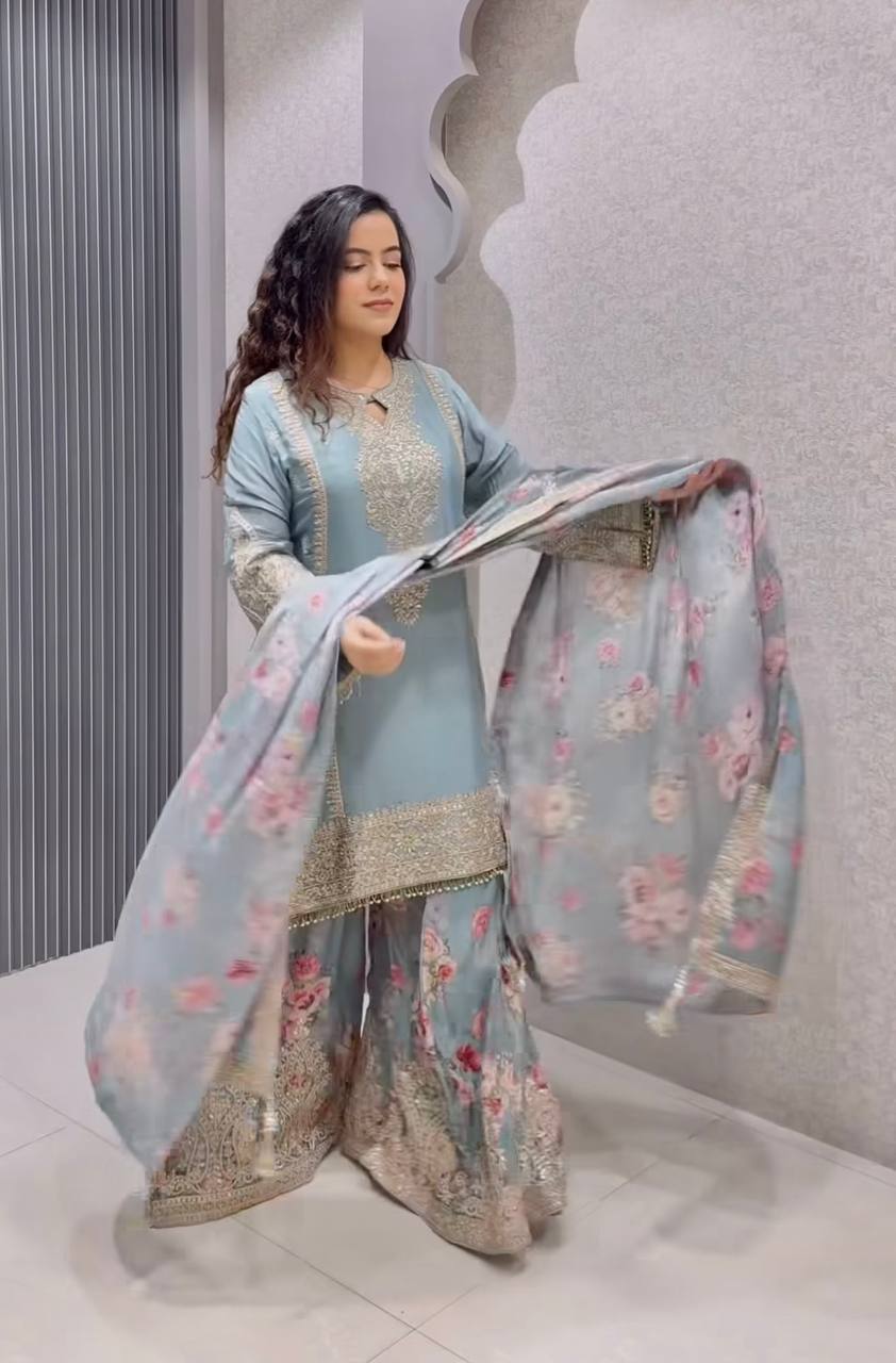 Embroidered Chinon Silk Set with Latkan, Tassels & Printed Dupatta