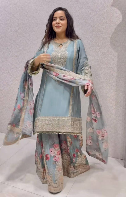 Embroidered Chinon Silk Set with Latkan, Tassels & Printed Dupatta