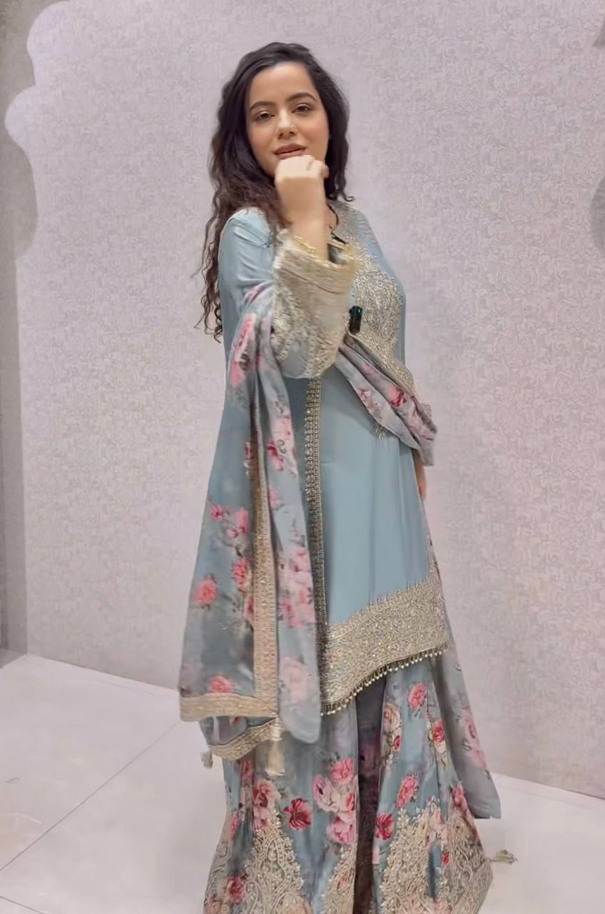 Embroidered Chinon Silk Set with Latkan, Tassels & Printed Dupatta