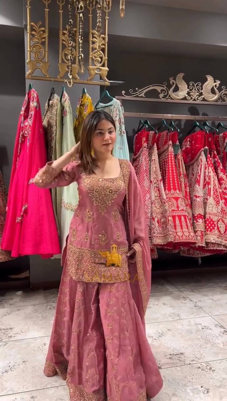 Fully Stitched Partywear Pink Chinon Silk Palazzo Set Featuring Heavy Embroidery & Sequin Detailing