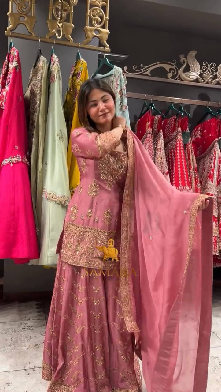 Fully Stitched Partywear Pink Chinon Silk Palazzo Set Featuring Heavy Embroidery & Sequin Detailing