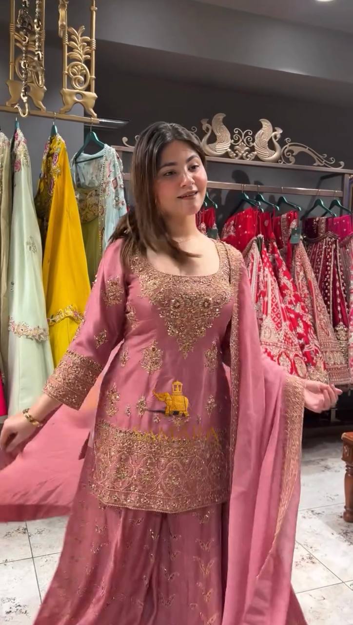 Fully Stitched Partywear Pink Chinon Silk Palazzo Set Featuring Heavy Embroidery & Sequin Detailing