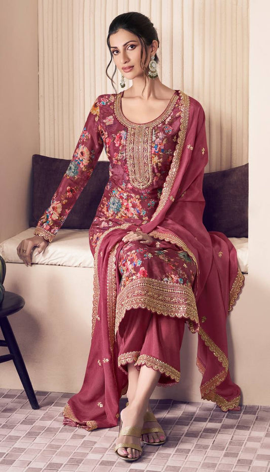Premium Chinon Silk Digital Print Top and Pant Set with Both Side Embroidery & Lace Border Dupatta