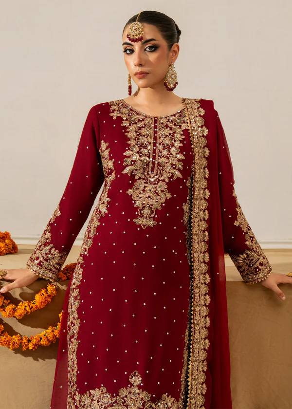 Fully Stitched Maroon Faux Georgette Kurta Plazo Dupatta Set with Intricate Coding and Rivet Moti Embellishments