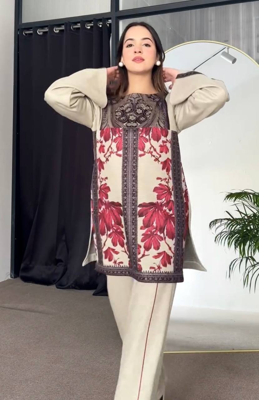 Designer Ready-to-Wear Co-ords in Pure Natural Crepe with Top & Plazzo