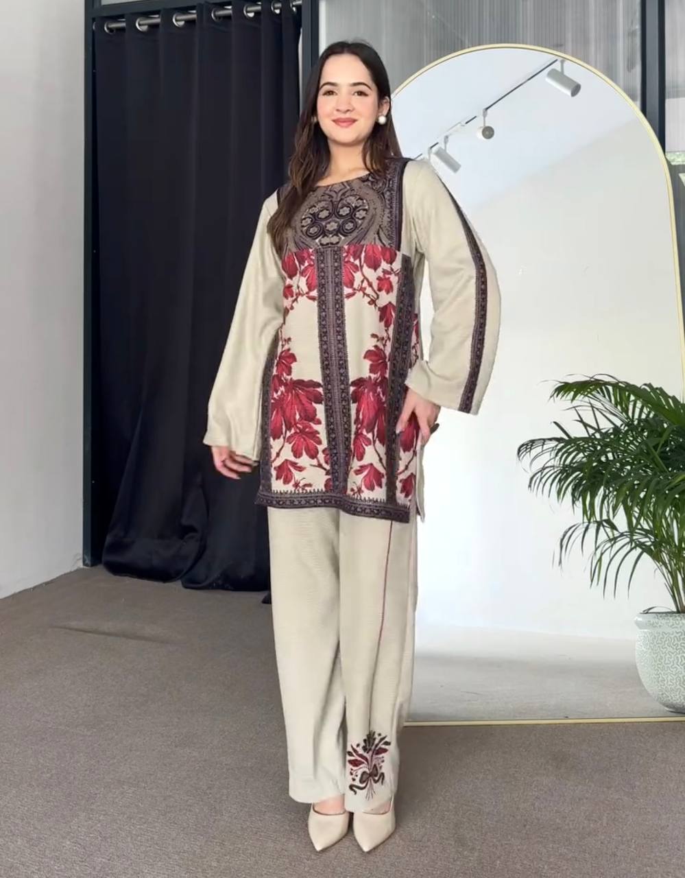 Designer Ready-to-Wear Co-ords in Pure Natural Crepe with Top & Plazzo