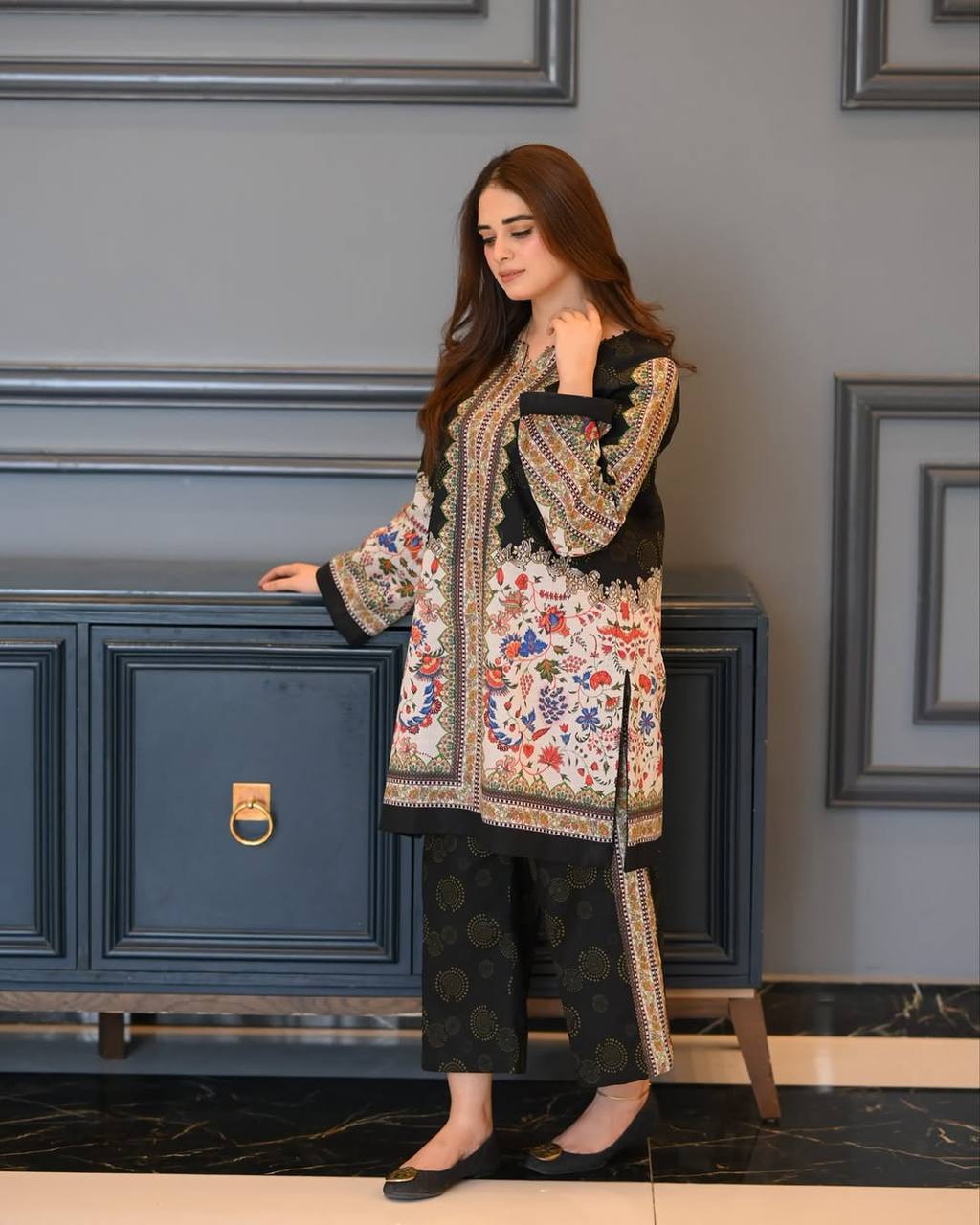 Trendy Digital Printed Pure Crepe Co-ord Set with Sleeves and Elastic Plazzo