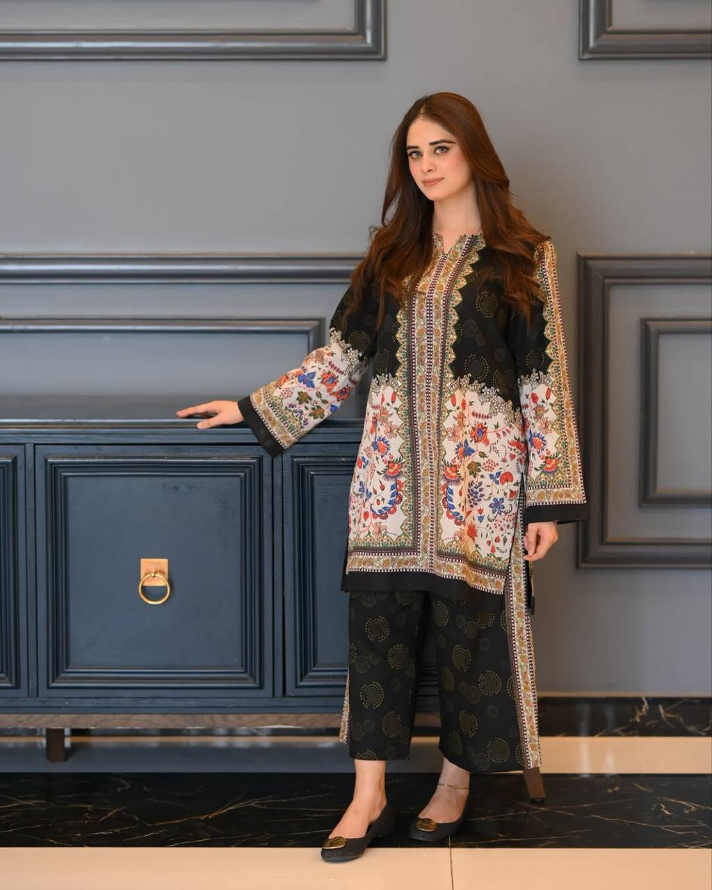 Trendy Digital Printed Pure Crepe Co-ord Set with Sleeves and Elastic Plazzo