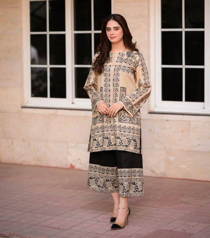 Trendy Digital Printed Pure Crepe Co-ord Set with Sleeves and Elastic Plazzo