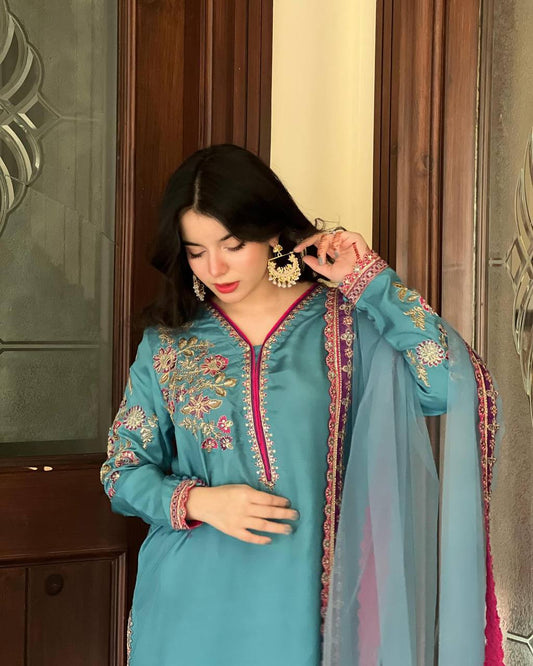 Embrace Designer Glamour in This Embroidered Top Palazzo and Dupatta Set for Elegant Occasions