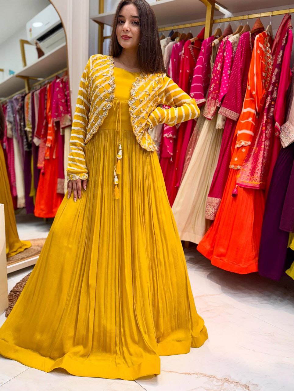 Step into the Spotlight with This New Designer Party Gown and Embroidered Jacket Set