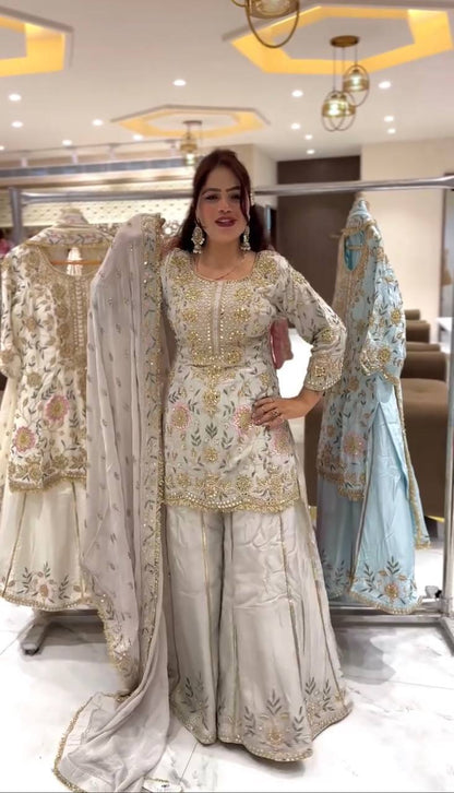 Stylish White Partywear Plazzo Set in Natural Crepe with Embroidered Detailing