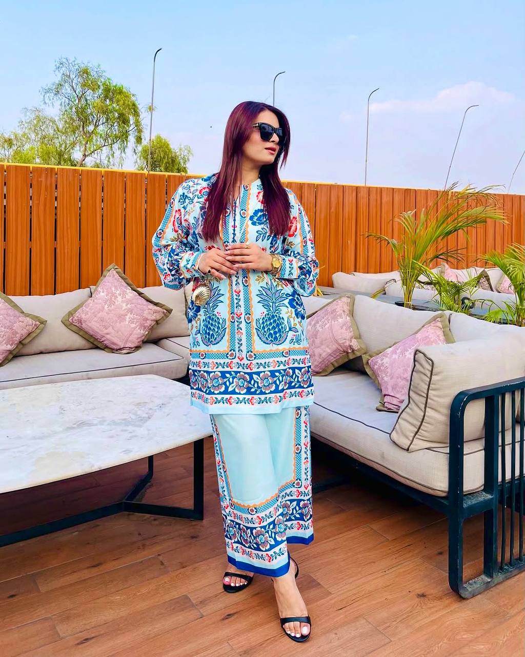 Elegant American Crepe Top and Plazzo Set with Digital Print and Soft Georgette Dupatta
