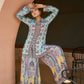 Digital Printed Chinon Silk Ensemble with Real Mirror and Handcrafted Stone Work