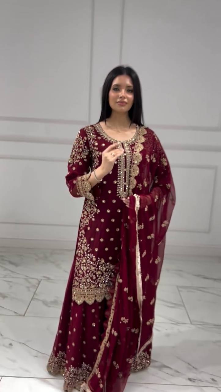 Designer Partywear Georgette Ensemble Featuring Front Embroidery and Elegant Cut Work