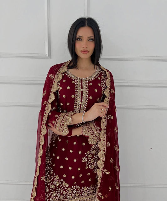 Designer Partywear Georgette Ensemble Featuring Front Embroidery and Elegant Cut Work