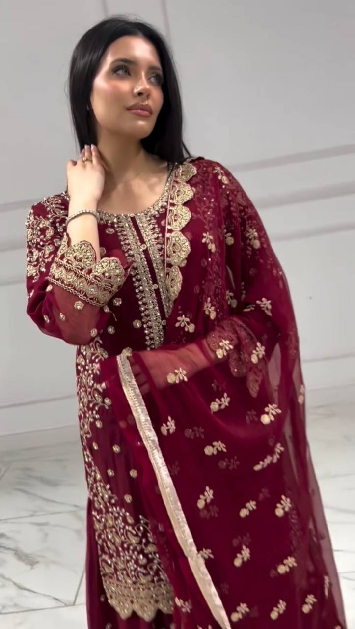 Designer Partywear Georgette Ensemble Featuring Front Embroidery and Elegant Cut Work