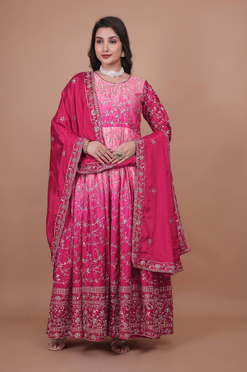 Premium Embroidered Chinon Gown with Stylish Sequins Work and Coordinated Dupatta