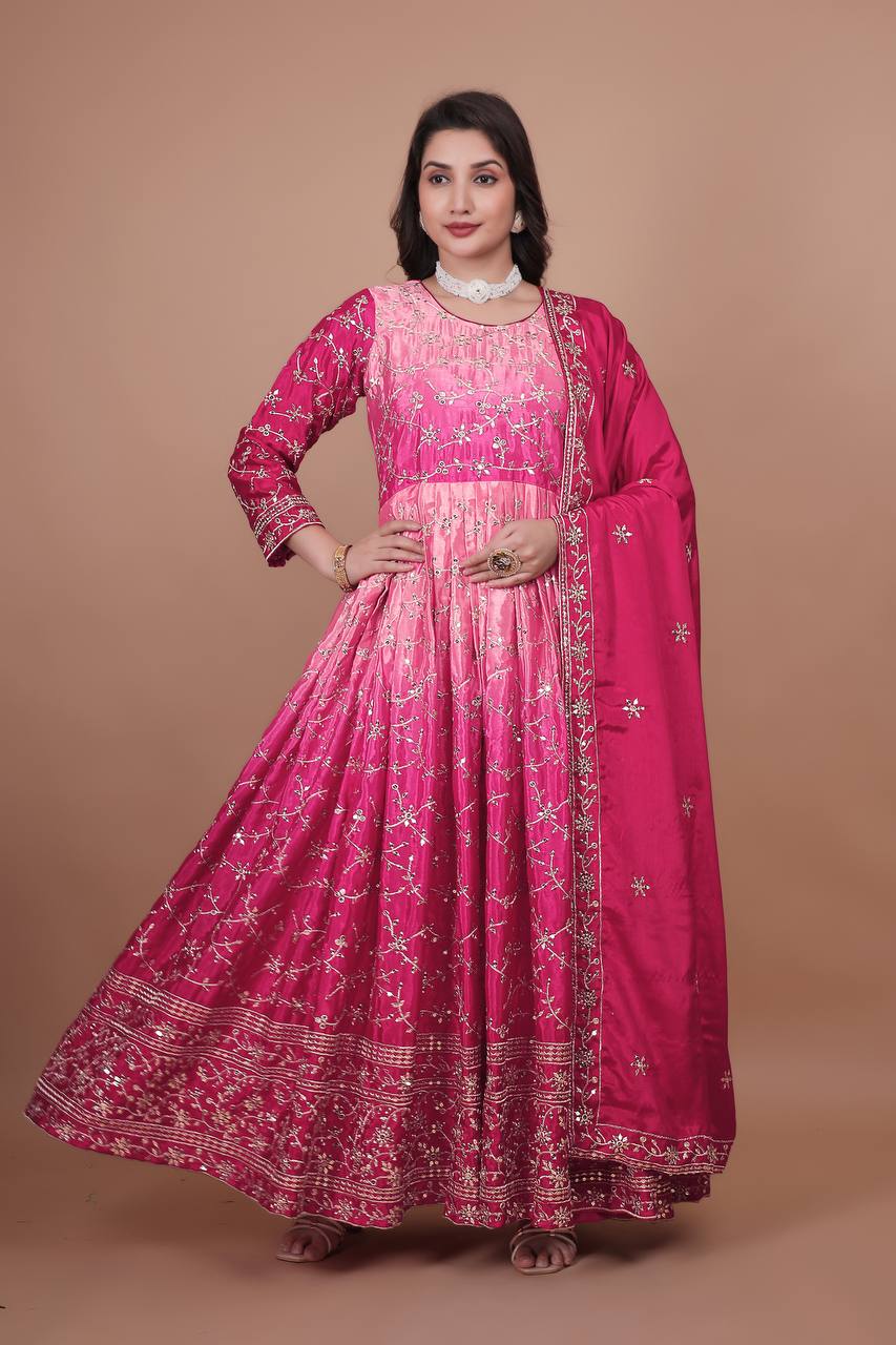 Premium Embroidered Chinon Gown with Stylish Sequins Work and Coordinated Dupatta