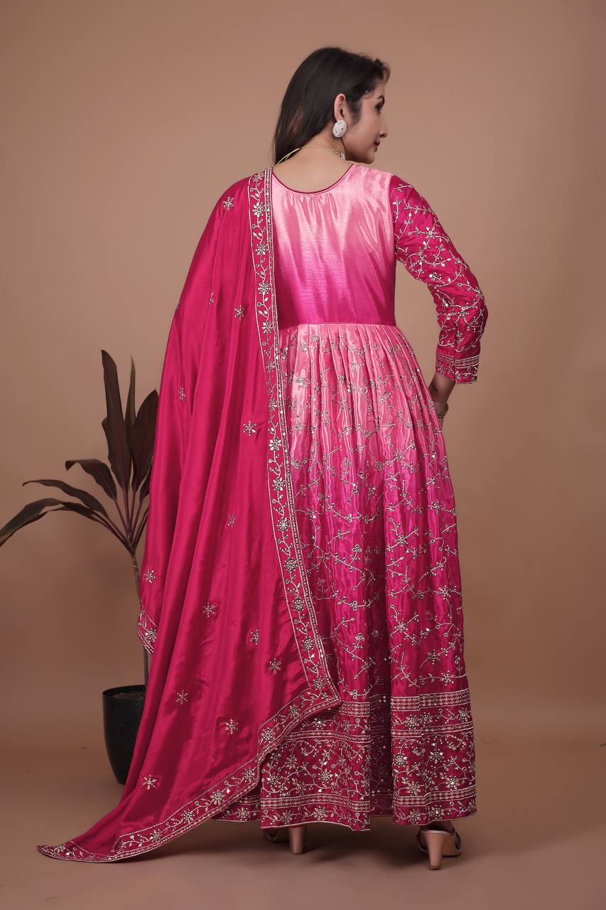 Premium Embroidered Chinon Gown with Stylish Sequins Work and Coordinated Dupatta