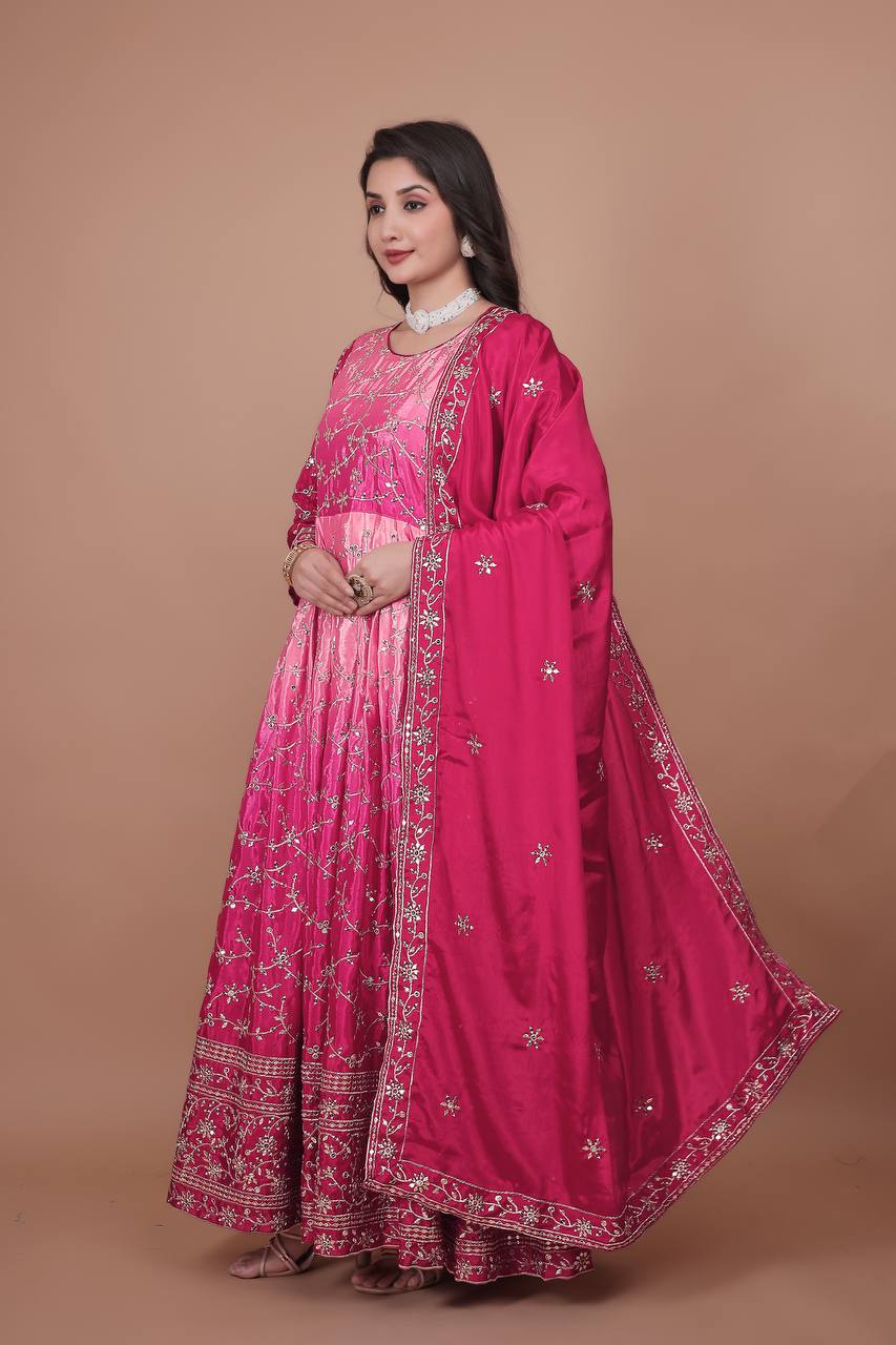 Premium Embroidered Chinon Gown with Stylish Sequins Work and Coordinated Dupatta