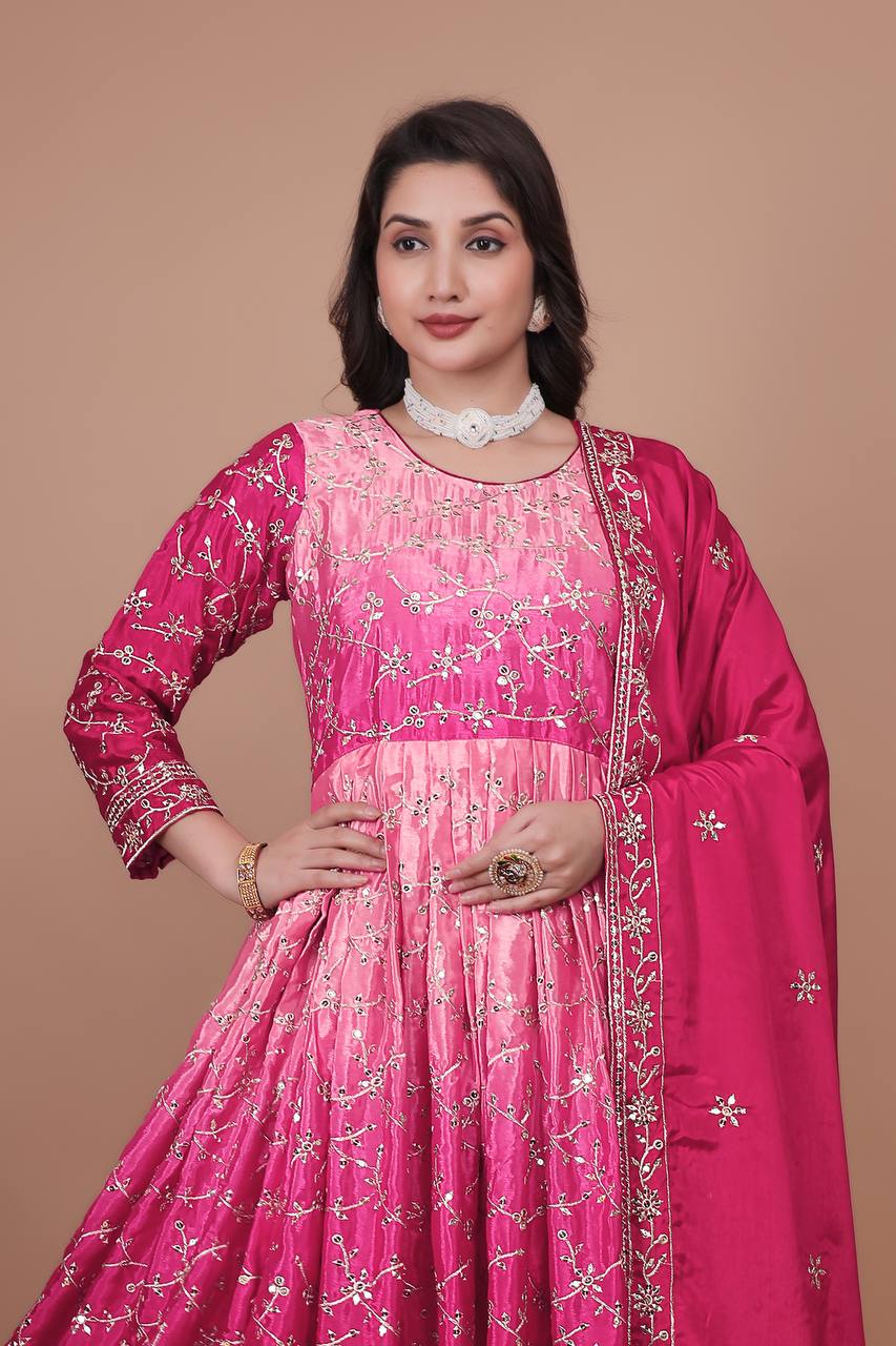 Premium Embroidered Chinon Gown with Stylish Sequins Work and Coordinated Dupatta