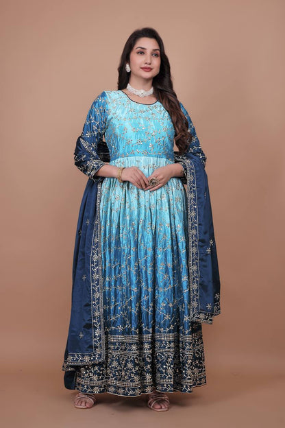 Premium Embroidered Chinon Gown with Stylish Sequins Work and Coordinated Dupatta