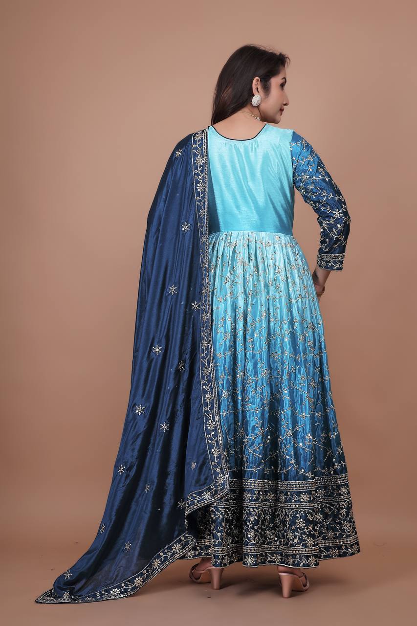Premium Embroidered Chinon Gown with Stylish Sequins Work and Coordinated Dupatta