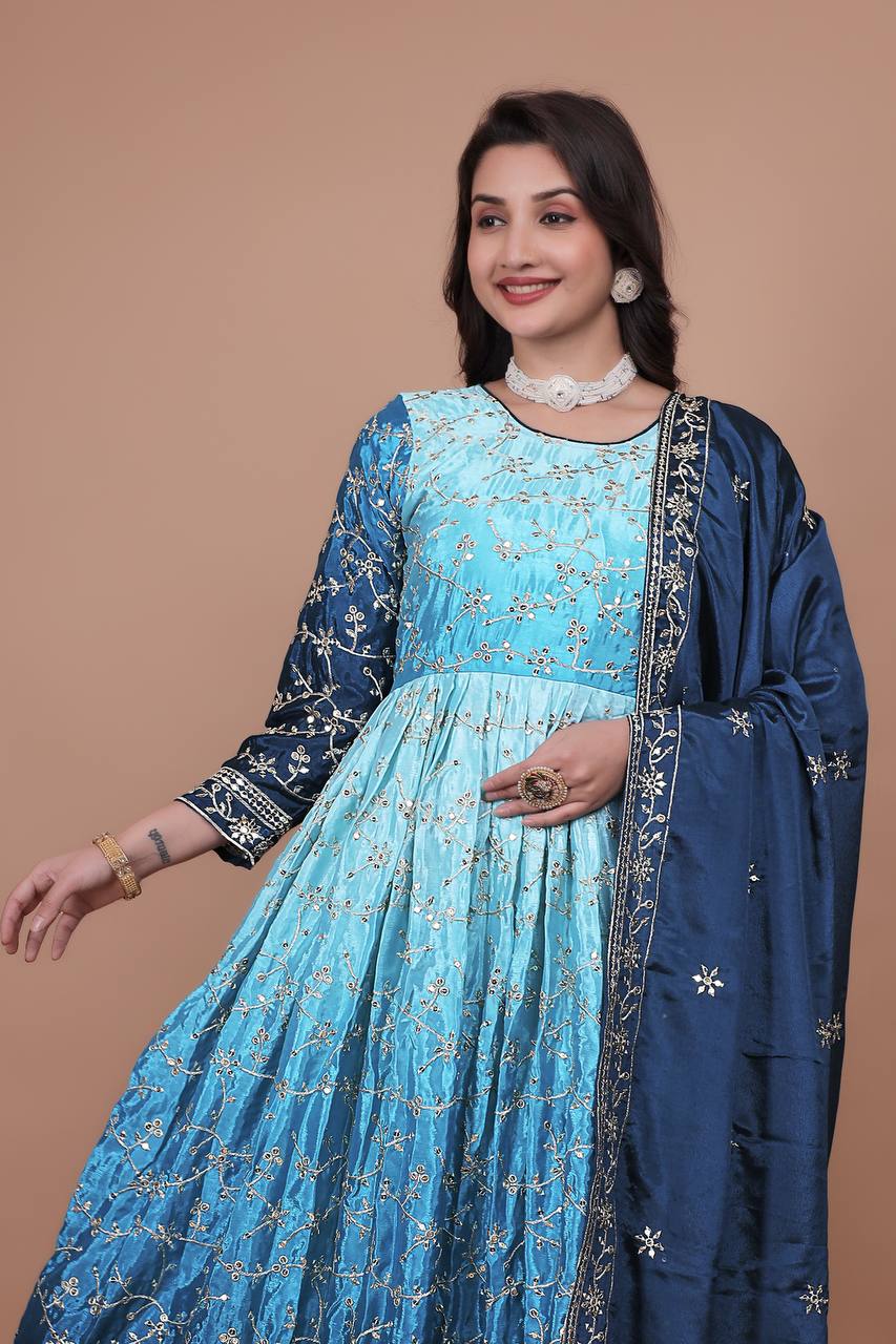 Premium Embroidered Chinon Gown with Stylish Sequins Work and Coordinated Dupatta