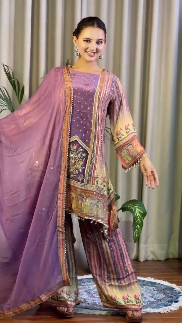 Designer Digital Printed Chinon Ensemble with Real Mirror Work and Lace Border Dupatta