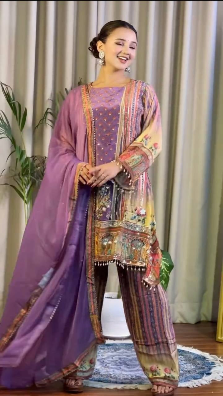 Designer Digital Printed Chinon Ensemble with Real Mirror Work and Lace Border Dupatta