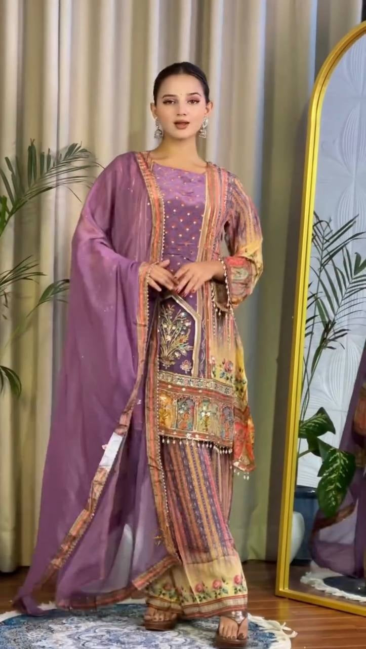 Designer Digital Printed Chinon Ensemble with Real Mirror Work and Lace Border Dupatta